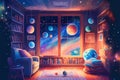 Fantasy astronomer room, astronomer kids room interior, generative ai