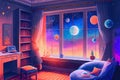 Fantasy astronomer room, astronomer kids room interior, generative ai