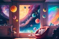 Fantasy astronomer room, astronomer kids room interior, generative ai