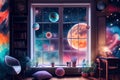 Fantasy astronomer room, astronomer kids room interior, generative ai