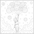 Fantasy astronout flying in the sky with planet balloon. Learning and education coloring page