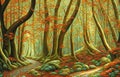 Fantasy autumn fall way in the forest - Generative AI