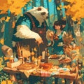 Fantasy Autumn Market Scene with Friendly Bears Royalty Free Stock Photo