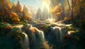 Fantasy autumn waterfalls scenery at sunny day, neural network generated art Royalty Free Stock Photo