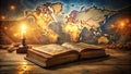 Fantasy background with ancient magic book and map. . Royalty Free Stock Photo