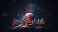 Fantasy background with Christmas night. Winter forest with fantastic moon and lights. Christmas background