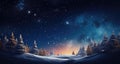 Fantasy background with Christmas night. Winter forest with fantastic moon and lights. Christmas background