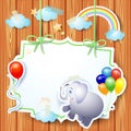 Fantasy Background with cute elephant and balloons and vintage label on wood
