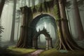 Fantasy Background. Into the deep woods, atmospheric landscape with archway and ancient trees, misty and foggy mood Royalty Free Stock Photo