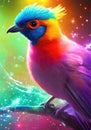 Fantasy background with enchanted colorful bird. fantastic magical multicolored bird illustration. Generative Ai