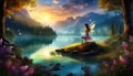 fantasy background fairy with wings on the shore of the lake fairytale magical background
