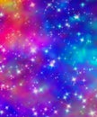 Fantasy background. Holographic illustration in pastel colors. Bright multicolored sky with stars and bokeh Royalty Free Stock Photo