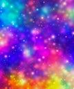 Fantasy background. Holographic illustration in pastel colors. Bright multicolored sky with stars and bokeh Royalty Free Stock Photo