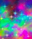 Fantasy background. Holographic illustration in pastel colors. Bright multicolored sky with stars and bokeh Royalty Free Stock Photo