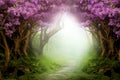 Fantasy background. Magic forest.Beautiful spring landscape.Lilac trees in blossom, Royalty Free Stock Photo