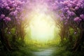 Fantasy background. Magic forest.Beautiful spring landscape.Lilac trees in blossom, Royalty Free Stock Photo