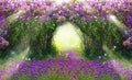 Fantasy background . Magic forest with road.Beautiful spring landscape.Lilac trees in blossom Royalty Free Stock Photo