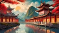 Fantasy background with mysterious ancient Chinese temple in mountains