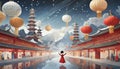 Fantasy background with mysterious ancient Chinese temple in mountains