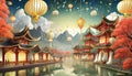 Fantasy background with mysterious ancient Chinese temple in mountains