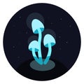 Fantasy background with neon mushrooms. Blue luminous mushrooms on a hummock, blue lights fly in the dark. Vector