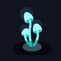 Fantasy background with neon mushrooms. Blue luminous mushrooms on a hummock, blue lights fly in the dark. Vector illustration.