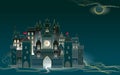 Fantasy background with old castle. Medieval kingdom with tower and clock. Imaginary Middle ages in fairyland. Illustration for