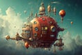 fantasy balloon city steam punk cyber town illustration generative ai