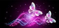 Fantasy banner with butterflies, fantastic transparent curving waves and magical glowing stars on black purple background