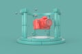 Fantasy Beautiful Modern Digital Pink Photo Camera in the Centre of Aquamarine Stone Antique Podium with Columns. 3d Rendering