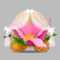 Fantasy bed the Princess in a pink flower petals with gold wheels of a fabulous carriage isolated on a grey background