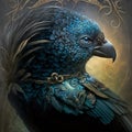Fantasy Bird, Baroque Art Style, Dark Blue Vintage Digital Illustration, Decorative Square Painting, Close-up