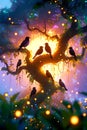 Fantasy Birds Resting On Tree Branches In A Colorful Glowing Forest Royalty Free Stock Photo