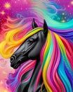 Fantasy Black Stallion with a Colorful Mane