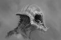 Fantasy black and white painting of large mouth alien creature with spit hanging from it`s mouth - digital illustration