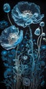 Fantasy blue field flowers on a black background. Vertical graphics illustration