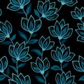 Fantasy blue flowers with dark and  leaves on a black background. Seamless floral doodle pattern. Royalty Free Stock Photo