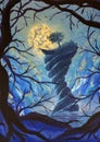 Fantasy blue night oil painting. Big moon, tree on top of terrible mountain in river artwork