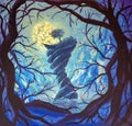 Fantasy blue night oil painting. Big moon, tree on top of terrible mountain in river artwork. Old dead black tree branches in fore