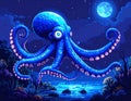 Fantasy Blue Octopus Underwater Scene with Moonlit Night Royalty Free Stock Photo