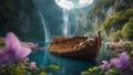 A fantasy boat in a fjord of flowers, with waterfall butterflies,