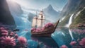 A fantasy boat sailing near a glacier of flowers, with waterfalls, butterflies,