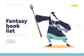 Fantasy book list concept of landing page with old wizard sorcerer with magic staff