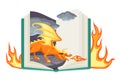 Fantasy book. Open fairy tail with fantasy colorful magic dragon, fire-breathing mythical reptile, education childish