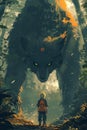 Fantasy boy facing giant mystical wolf spirit in enchanted forest Royalty Free Stock Photo
