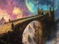 fantasy bridge, dramatic sunset, mountains, clouds, celestial bodies, epic landscape Royalty Free Stock Photo