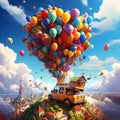 fantasy camping car rises into the air in hot air balloons blue sky Royalty Free Stock Photo