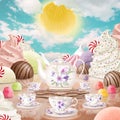 Fantasy candyland illustration Sweets world landscape Magical tea set Candies background