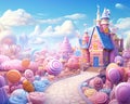 Fantasy candyland in pink and blue is a small candy village.