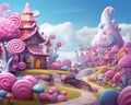 Fantasy candyland in pink and blue is a small candy village.